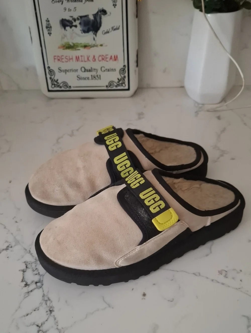 UGG Mens Beige Slip-On Clog with Yellow Accent